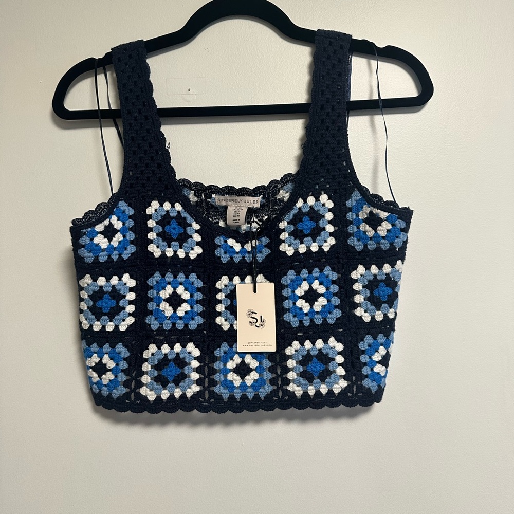 Sincerly Jules Navy, Blue & White Crochet Crop Top